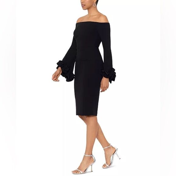 Xscape NWT Off-The-Shoulder Ruffle-Cuff Dress in Black Sz 14 MSRP $230 - Picture 4 of 5